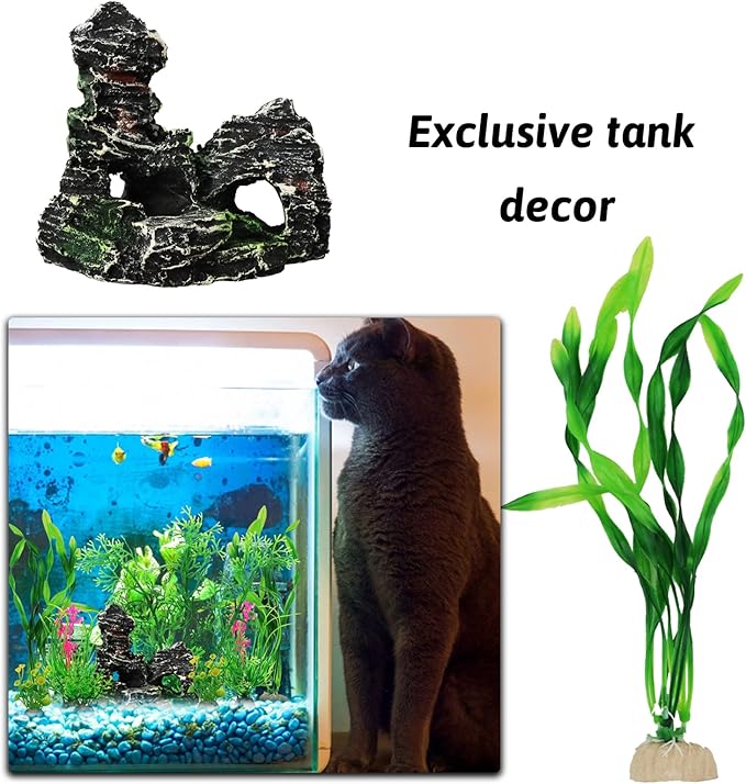Fish Tank Accessories Aquarium Decorations Plants, 9pcs Green Fish Tank Decorations Plants and Cave Rock Decoration Decor Set, Aquarium Decor Plastic Plants-PurrikoPets