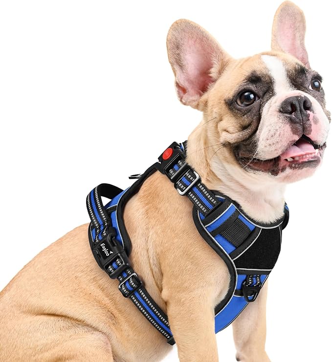 Eagloo Dog Harness Medium Sized, Easy Wearing with 3 Buckles, Adjustable No Pull Pet Harness with 2 Rings for Walking, No Chock Reflective Soft Padded Vest with Control Handle, Blue & Black, M-PurrikoPets