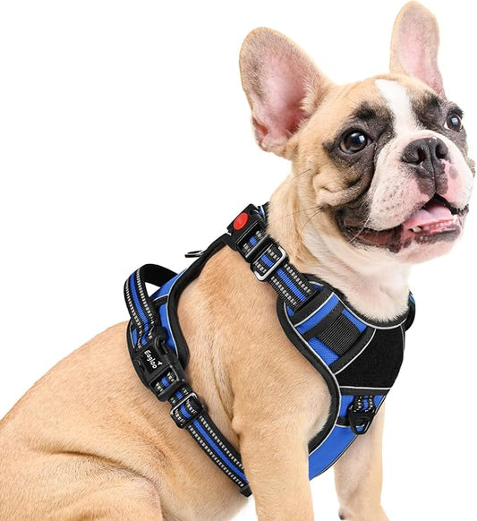Eagloo Dog Harness Medium Sized, Easy Wearing with 3 Buckles, Adjustable No Pull Pet Harness with 2 Rings for Walking, No Chock Reflective Soft Padded Vest with Control Handle, Blue & Black, M-PurrikoPets