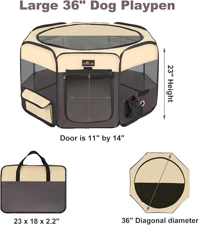 Aivituvin Portable Pet Playpen, Foldable Dog Tent Crate Cage for Puppies and Cats, Exercise Pop Up Dog Kennel with Carrying Case Indoor Outdoor, Waterproof and Zipper Top Cover Door, Brown-PurrikoPets