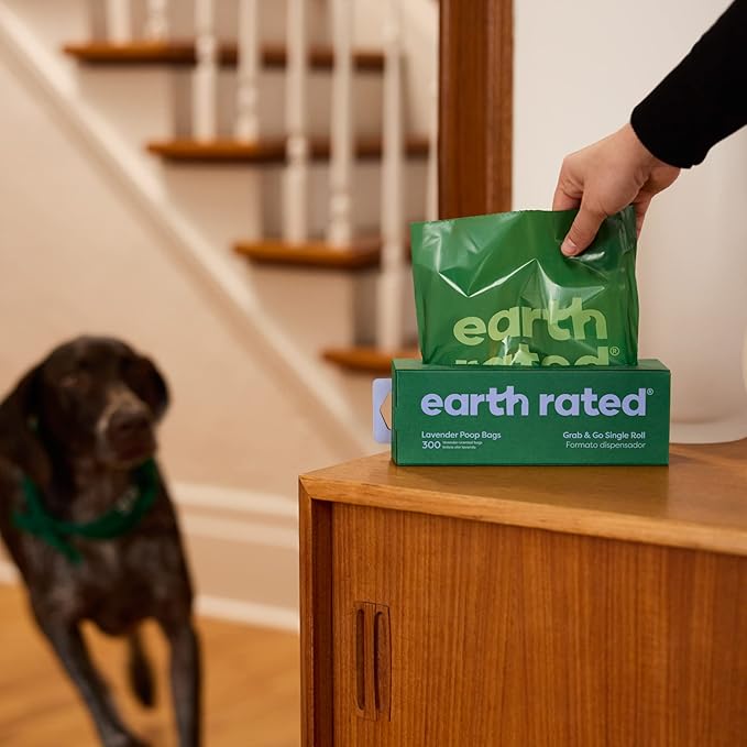 Earth Rated Dog Poop Bags, Thick Grab and Go Single Roll, Ideal for Backyard Pickups, Lavender Scented, 300 Count-PurrikoPets