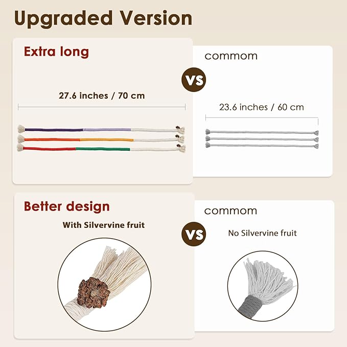 3 PCS Cotton Rope Cat Toys for Indoor Cats, Interactive Cat Rope Toys with Silvervine Fruit for Cats and Kittens, Handmade Pet Chew Toys for Teeth Cleaning-PurrikoPets