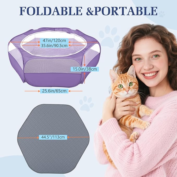 2-in-1 Small Animals Playpen with Pad, Waterproof Small Pet Cage Tent with Reusable Pad, Portable Outdoor Yard Fence with 3 Metal Rod for Chick/Kitten/Puppy/Guinea Pig/Rabbits/Chinchillas, Purple-PurrikoPets