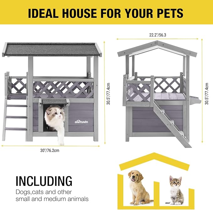 Aivituvin Cat House Outdoor Indoor Feral Kitty Shelter with Escape Door for Cats, Weatherproof Roof-PurrikoPets