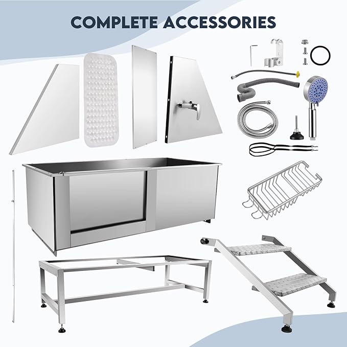 Dog Grooming Tub 62'' Dog Bathtub XL-Style Pet Bathing Tub Stainless Steel Dog Wash Station for Large Dogs Home Commercial with Faucet, Sliding Door-PurrikoPets