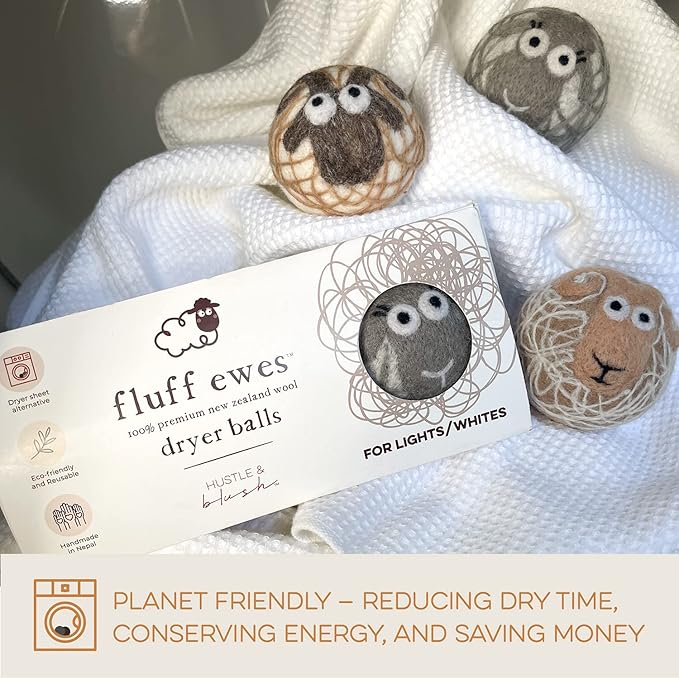 Fluff Ewes Wool Dryer Balls 3 Pack Premium New Zealand Wool Laundry Balls for Dryer, No Static Dryer Balls Laundry Reusable Cute - XL Wool Dryer Balls Cute, Baby Dryer Balls for Dryers - Lights-PurrikoPets