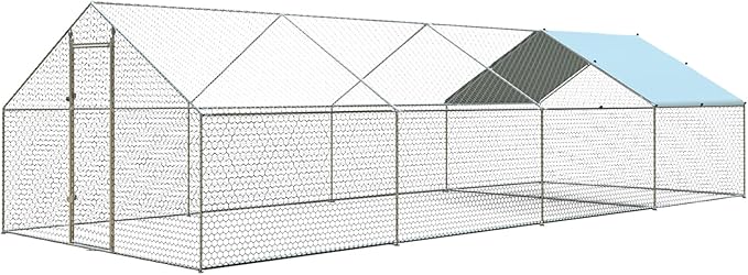 4ever2buy Large Metal Chicken Coop with Run Walk-in Poultry Cage Chicken Runs House Pen Cage Spire Roofed Chicken Coops with Anti-Ultraviolet Cover for Outdoor Backyard Farm Use 9.5’Lx24.9’Wx6.4’H-PurrikoPets