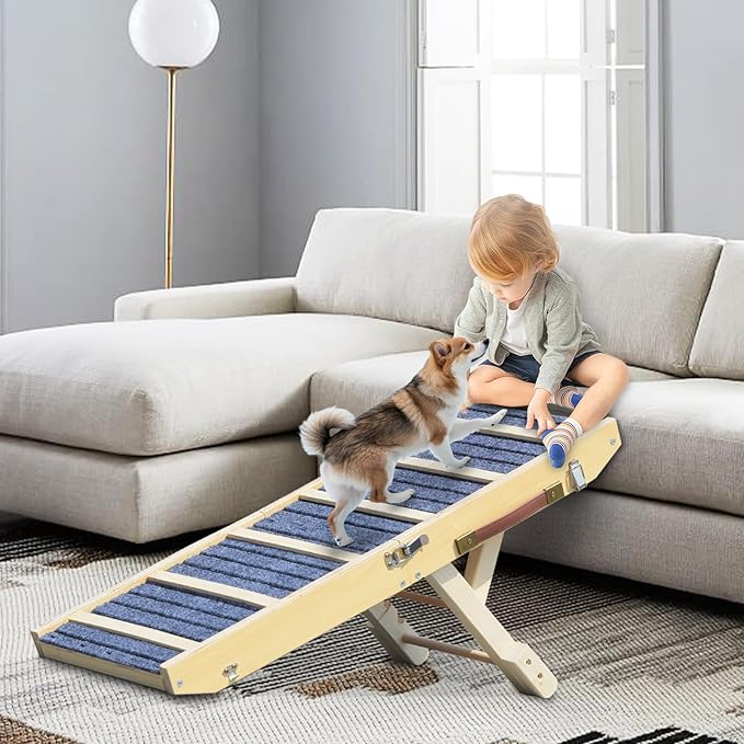 Dog Ramp for Bed, Upgraded 33" Long Portable Dog Ramp for Couch, Wood Folding Pet Ramp for All Breeds Small Old Dogs to Get on Bed, 4 Adjustable Heights 12.9" to 17.7"(Wood, Up to 50lbs)-PurrikoPets