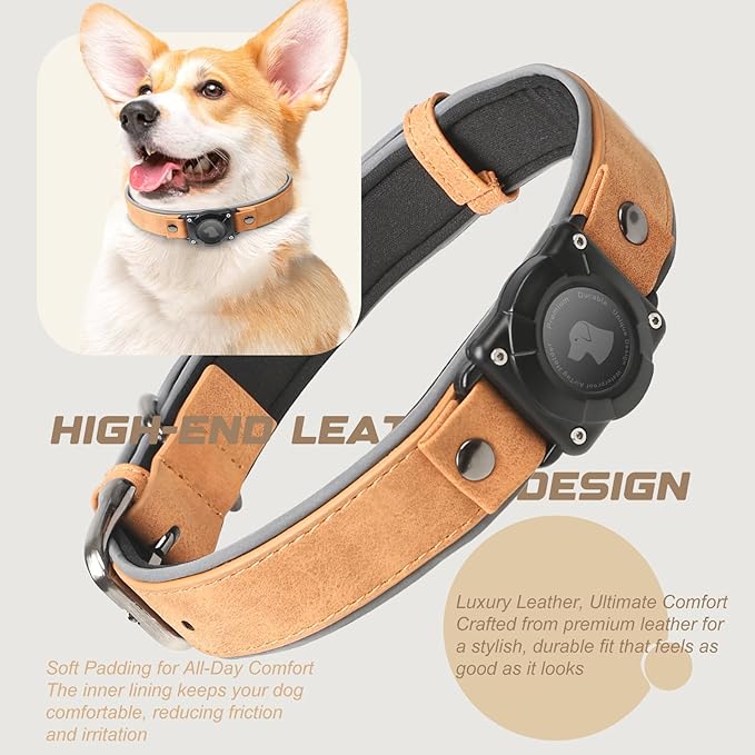 AirTag Dog Collar - Leather Dog Collar with Air Tag Holder | IPX8 Waterproof, Reflective, High - End, Adjustable Soft Padded | Dog GPS Tracker Collars Fit for Medium Large Dogs (Light Brown, L)-PurrikoPets