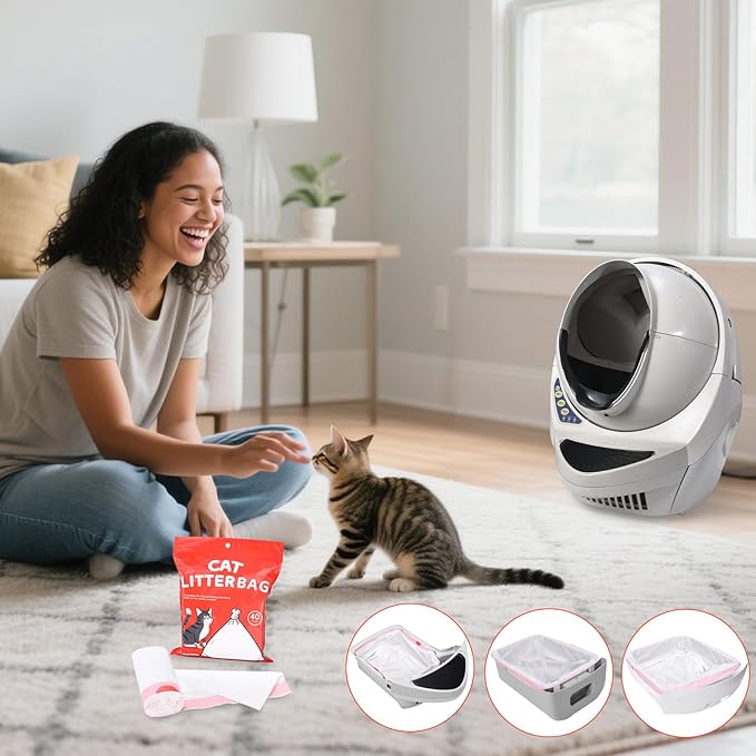 40 Count Thicken Cat Litter Box Liners for Automatic Cat Litter Box and Litter-Robot 4/3, Heavy-Duty Drawstring Kitten Litter Drawer Liners Disposable 25" x 16"-PurrikoPets