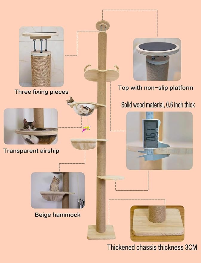 Floor-to-Ceiling Cat Tree with Natural Sisal Rope Scratching Post - Adjustable Height (55-119 Inches) - Modern Cat Activity Tree, Cat Scratcher Post-PurrikoPets