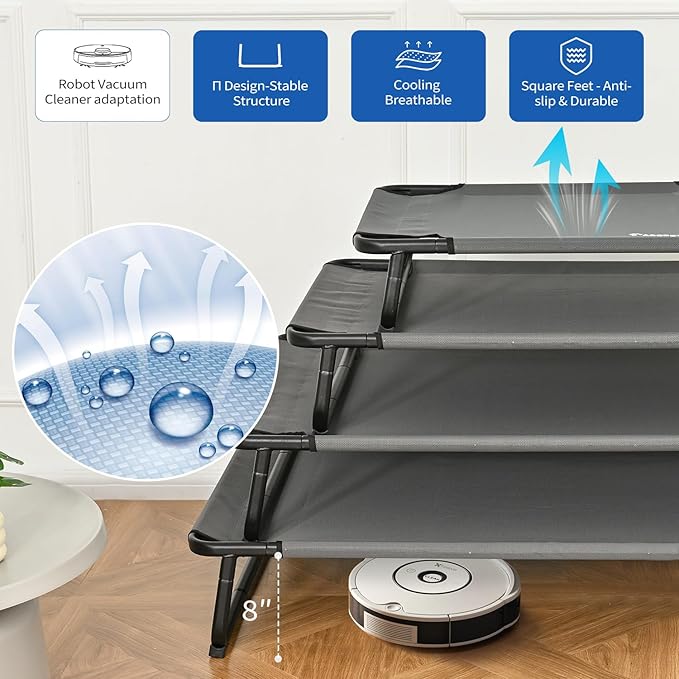 Elevated Dog Bed, Outdoor Dog Bed Raised Bed Cooling Waterproof Pet Beds Cots Stable and Easy Assembly, Teslin Fabric with 1.2mm Thick Iron Frame, Breathable, Ultra-Sturdy，Grey, 48 * 32 * 8.7-PurrikoPets