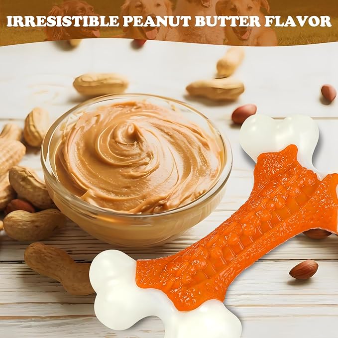 Dog Toys for Aggressive Chewers Large Breed, Tough Bones, Nylon Puppy Teething Chew Toys Medium Dogs, Heavy Duty Peanut Butter Flavor Toys-PurrikoPets