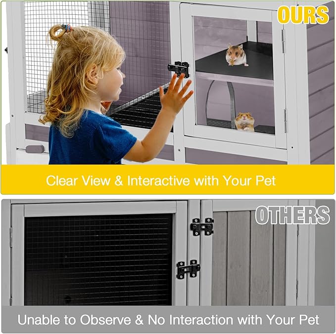 AIVITUVIN Wooden Guinea Pig Cage Indoor with Cooling Plate and Anti-Chewing Edges Two-Story Rabbit Hutch Pull Out Tray Outdoor Rabbit Cage with Raised Stand and Wire Mesh Small Animals Cage (Grey)-PurrikoPets