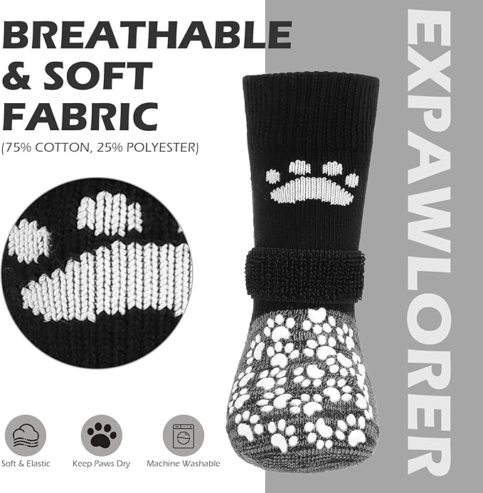 EXPAWLORER Anti Slip Dog Socks to Prevent Licking Paws, Shoes for Hot Pavement, Dog Booties for Small Medium Large Senior Dogs, Traction Control Boots & Paw Protectors for Hardwood Floors Black&Grey-PurrikoPets