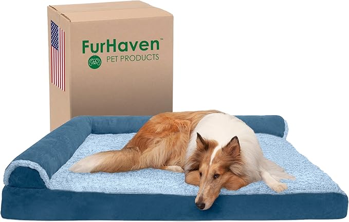 Furhaven Cooling Gel Dog Bed for Large Dogs w/ Removable Bolsters & Washable Cover, For Dogs Up to 125 lbs - Two-Tone Plush Faux Fur & Suede L Shaped Chaise - Marine Blue, Jumbo Plus/XXL-PurrikoPets