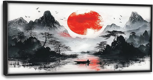 Framed Large Japanese Mountain Wall Art for Living Room, Oversized Asian Red Sun Lake Landscape Wall Decor Nature Canvas Painting Home Decoration for Living Room Bedroom Office 60"x30"-PurrikoPets