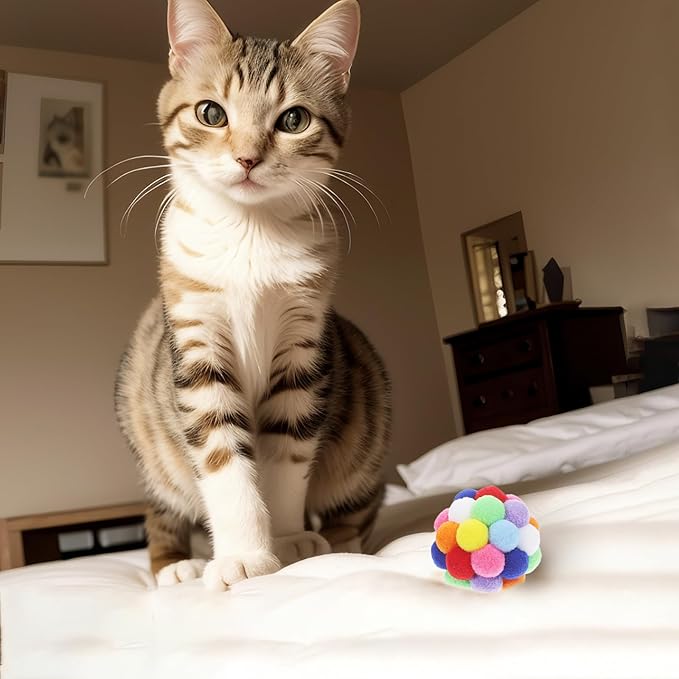 9PCS Cat Toy Balls, 1,75'' Soft Pom Pom Ball for Kittens, Colorful Soft Fuzzy Balls Built-in Bell for Cats, Interactive Playing Chewing Toys for Indoor Cats and Kittens, Cute Kitten Kitty Toys-PurrikoPets