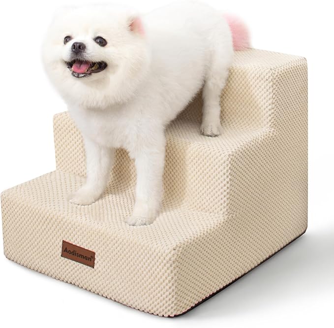 Dog Stairs for Small Dogs & Cats, 3-Step Non-Slip Pet Steps for Couch Sofa and Chair, Beige, 13.6" H-PurrikoPets