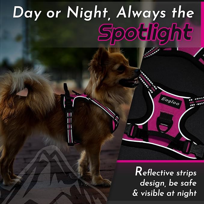 Eagloo Small Dog Harness No Pull, Service Vest with Reflective Strips and Control Handle, Adjustable and Comfortable for Easy Walking, No Choke Pet Harness with 2 Metal Rings, Rose Red, XS-PurrikoPets