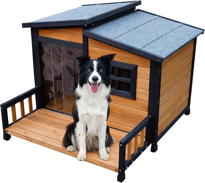 GARWOOD Large Outdoor Indoor Wooden Dog House for Small Large Dog Kennel Wood Sturdy Pet Puppy Warm Home with Durable Weatherproof Asphalt Roof Insulated Elevated Floor Outside Shelter Brown 39x37x30“-PurrikoPets