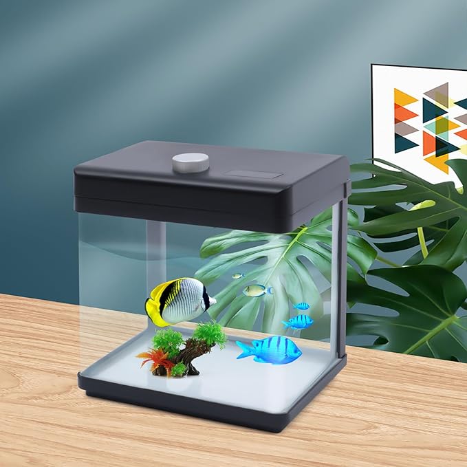 1.5 Gallon Fish Tank Starter Kits, Low Noise Betta Fish Tank with Fil-TER LED Light Submersible Pu-mp, Glass Small Fish Tank Smart Aquarium kit with Dimmer Button Water Temperature Display-PurrikoPets