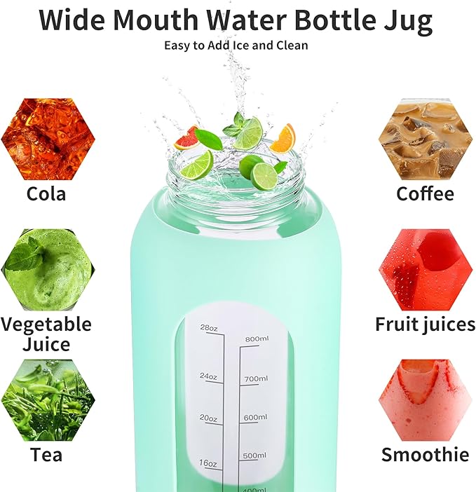 32 oz Glass Water Bottle with Straw and Handle, Sports Motivational Water Flask with Silicone Sleeve, Large Leakproof Water Flask Cup with Time Marker for Travel, Gym, Hot Pink-PurrikoPets