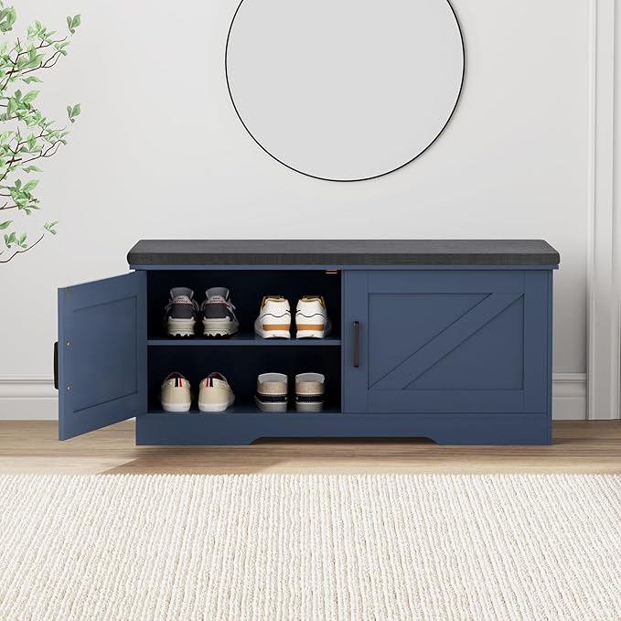 2-Tier Storage Bench, Shoe Bench with Padded Seat Cushion, Entryway Bench with 2 Barn Doors, Adjustable Shelf, 13.8" D x 39.4" W x 17.7" H, for Entryway, Living Room, Bedroom, Blue-PurrikoPets