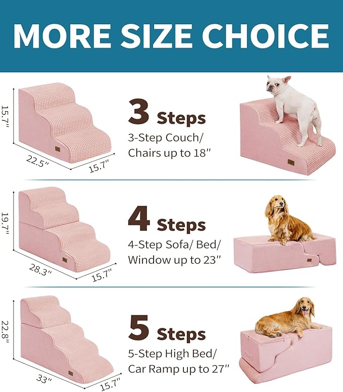 Dog Step for Bed, Dog Stair 5-Step 35D Pet Stair 22.8" H for High Bed or Sofa Non-Slip Balanced Pet Step Indoor, Pink-PurrikoPets