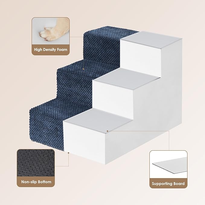 EHEYCIGA Dog Stairs for Small Dogs 13.5" H, 3-Step Dog Steps for Couch Sofa and Chair, Pet Steps for Medium Cats, Non-Slip Balanced Pet Ramp Indoor, Navy Blue-PurrikoPets