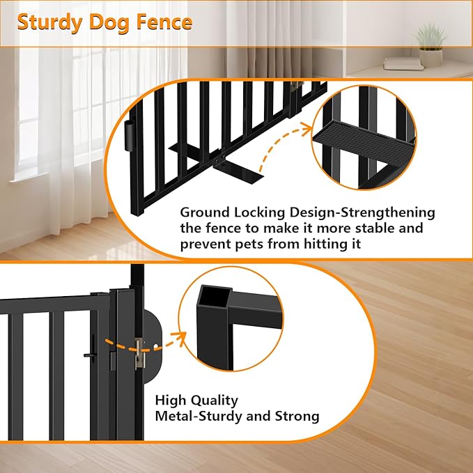 Free Standing Dog Gate with Door for Indoor Outdoor, Portable Dog Fence Foldable Design, Metal Black 32" Tall, Expandable 4 Panels Use for Front Door, Yard, Stairs-PurrikoPets