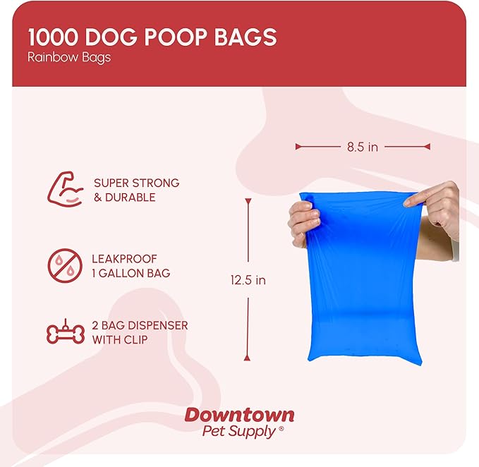 Downtown Pet Supply Dog Waste Bags (1000 CT - Rainbow Bags & 2 Dispensers) Clips to Dog Leashes & Harnesses - Poop Scoop Bags are Leak-Proof & Unscented-PurrikoPets
