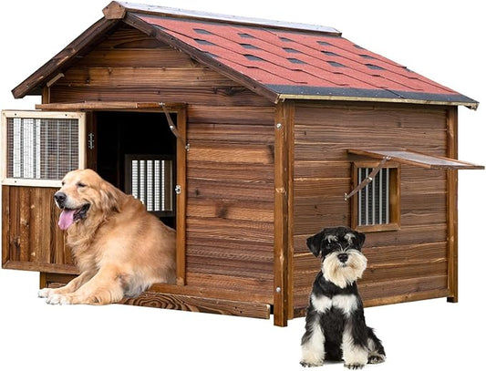 Dog House for Large Dogs Outside with Door and Adjustable Window, Big Dog House Outdoor Weatherproof with Removable Floor, Extra Large Pet House, 7XL-PurrikoPets