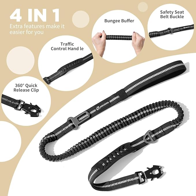 4-6FT Heavy Duty Dog Leashes for Large Dogs, Shock Absorbing Bungee Tactical Leash with 2 Padded Handle, Car Seatbelt and Metal Carabiner Clip, Strong No Pull Dog Leash for Medium-PurrikoPets