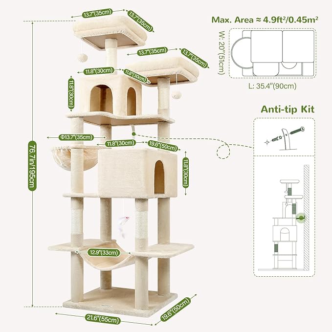 Globlazer Cat Tree Tower, 76-Inch Extra Tall Multi-Level Cat Furniture with Cozy Condos, Hammock and Perches for Adult Cats, Perfect for Climbing, Scratching, and Play, F76, Beige-PurrikoPets