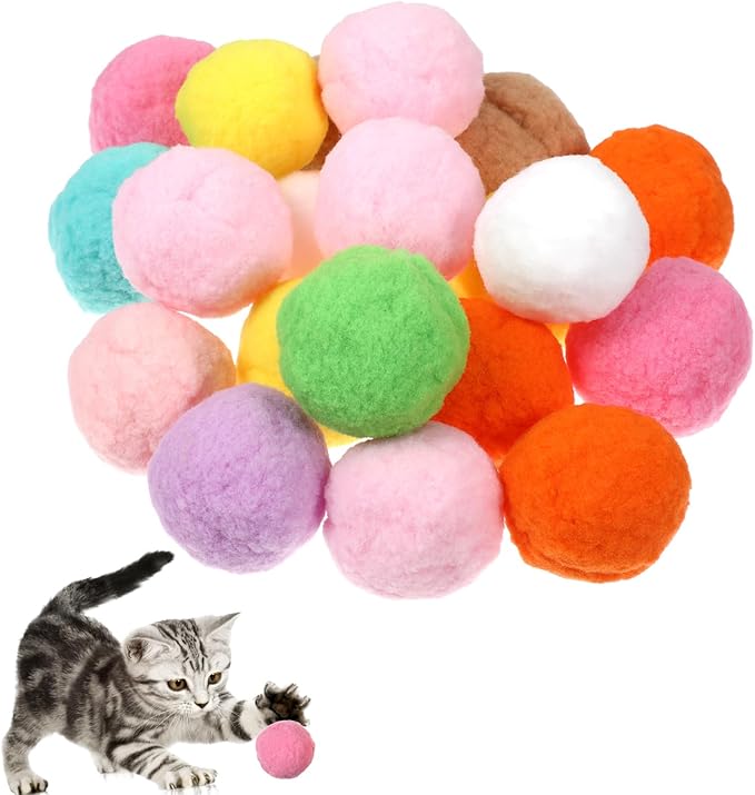 20Pcs 1.6" Cat Toy Balls, Soft Kitten Pom Pom Toys, Plush Interactive Playing Quiet Ball Cats Favorite Toy, DIY Craft Decorations, Training and Sensory Enrichment-PurrikoPets
