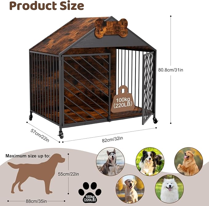 Furniture-Style Dog Crate with Gable Roof Design, Double Locking Doors Indoor Kennel for Small & Medium Dogs, Chew-Proof Escape-Proof Dog Cage, Rustic Brown-PurrikoPets