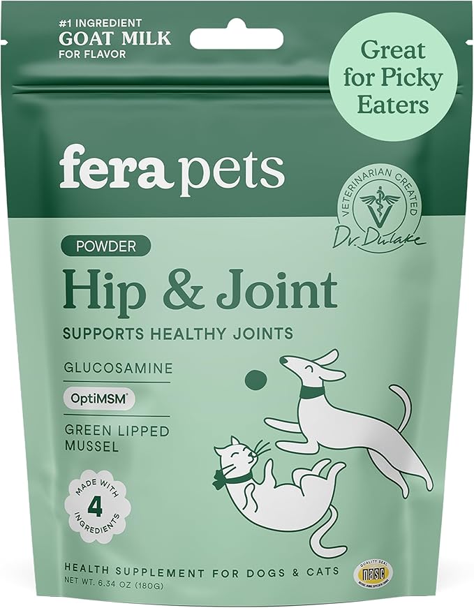 Fera Pets Goat Milk - Cat & Dog Hip and Joint Support with Glucosamine, MSM & Green Lipped Mussel - Supports Flexibility, Mobility & Bone Health - for Picky Eaters - 60 TSP-PurrikoPets
