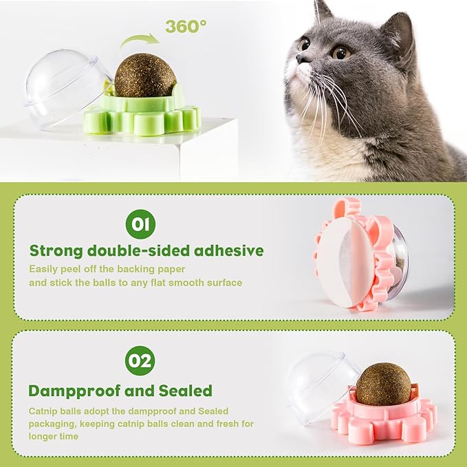 360° Catnip for Cats Wall Catnip Rollerball Licking Ball Cat Nips Mint Magic Cat Stick on Wall Crack Balls Lickable Play Chew Teeth Cleaning Pet Chew Indoor Outdoor-PurrikoPets
