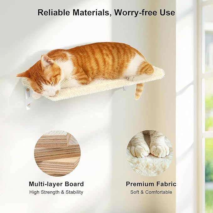 FUKUMARU Cat Wall Shelves, Stable & Safe 4 in 1 Large Cat Walls Furniture Set, Wooden Kitten Climbing Wall with Scratching Post for 16 Inch Drywall - Beige-PurrikoPets