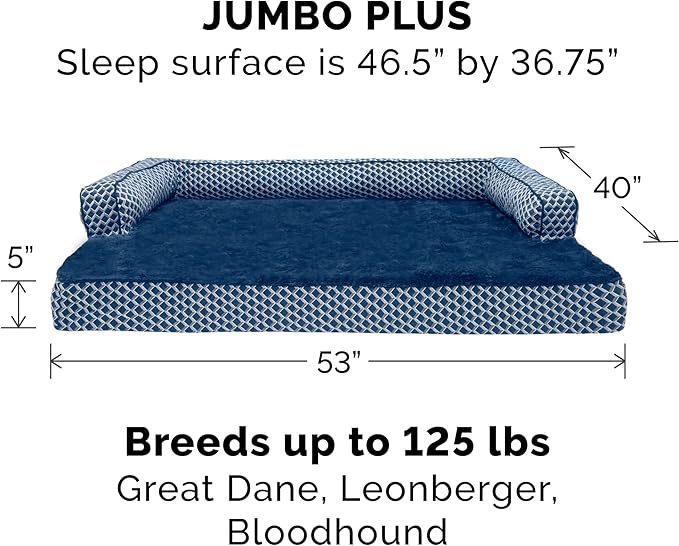 Furhaven Memory Foam Dog Bed for Large Dogs w/ Removable Bolsters & Washable Cover, For Dogs Up to 125 lbs - Plush & Woven Decor Comfy Couch Sofa - Diamond Blue, Jumbo Plus/XXL-PurrikoPets