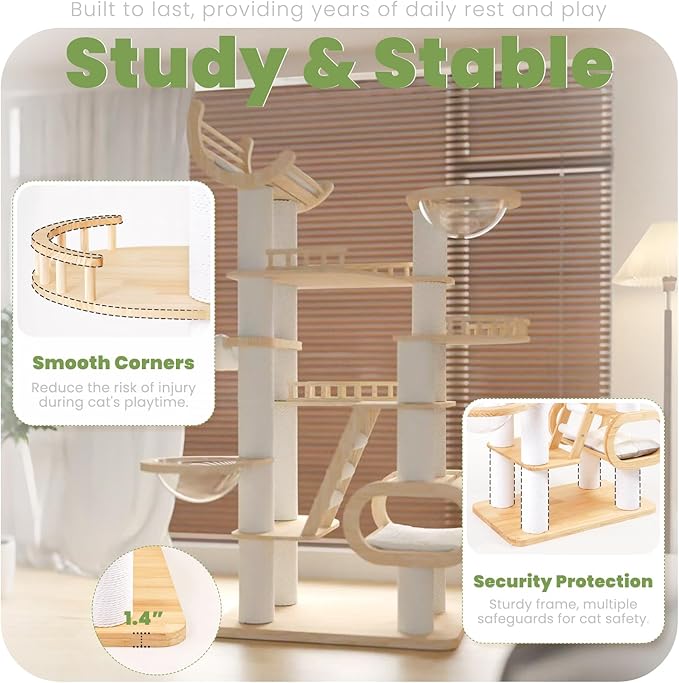 82.7'' Large Cat Tree, Modern Cat Tower with Scratching Post, Luxury Cat House, Wood Cat Tree for Indoor Cats Large Adult, Multi-Level Activity Center with Hammock, Clear Bowl, Semi-Closed Condo-PurrikoPets