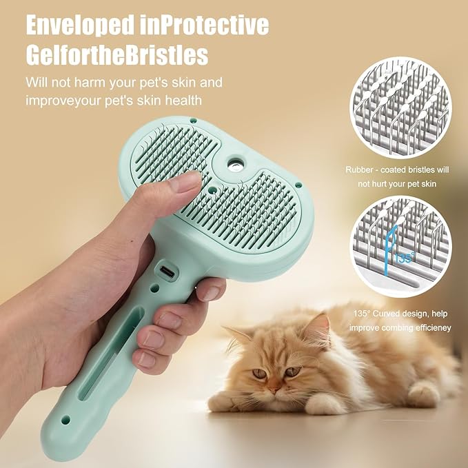 3-in-1 Pet Steam Brush, Grooming Comb with Water Tank for Cats and Dogs, Long and Short Hair (Green)-PurrikoPets
