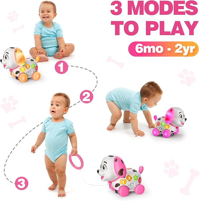 3-in-1 Musical Puppy Toys for 1 Year Old Girl Gift, Educational Baby Toy 6-12-18 Month, 1st Birthday Gift for 1 Year Old Girl Boy, First Bilingual Present for 7 8 9 10 Month Infant (Pink)-PurrikoPets