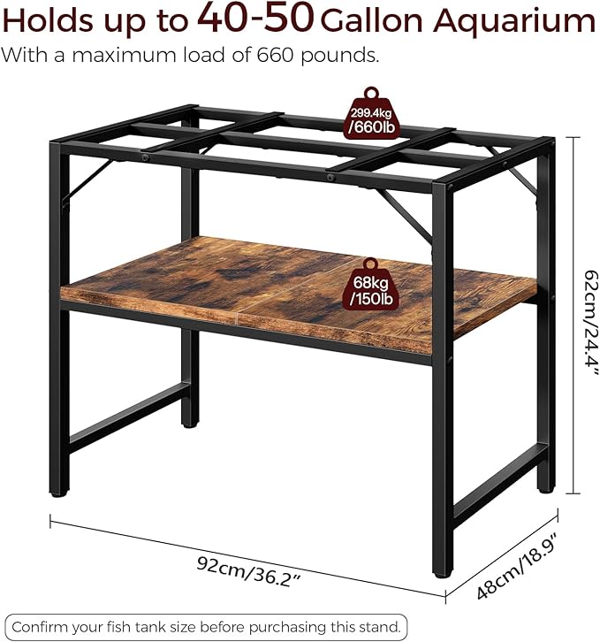 40-50 Gallon Fish Tank Stand, Aquarium Stand with 2-Tier Storage Shelves, Heavy Duty Breeder Turtle Terrarium Stand Rack for Home Office, 36.2" L x 18.9" W x 24.4" H, Rustic Brown FTHR4001-PurrikoPets