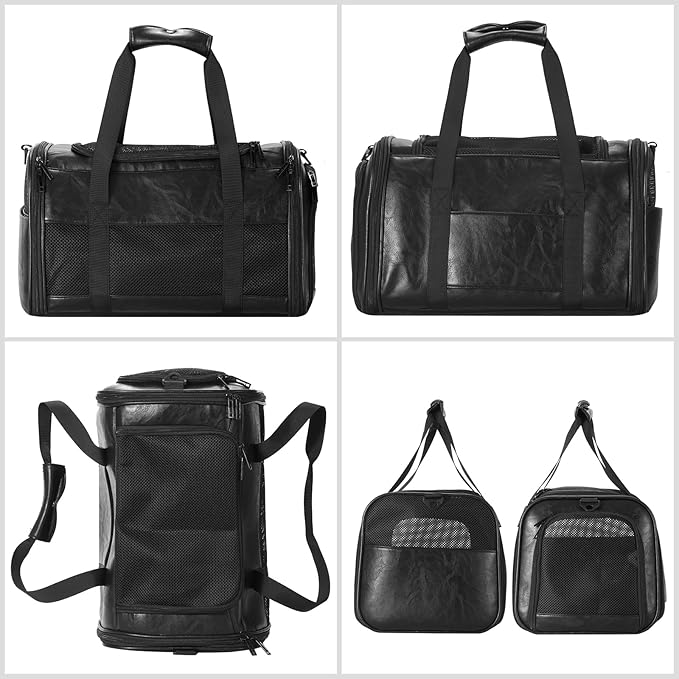 Fashion Leather Dog Carrier, Airline Approved Cat Carrier Soft Sided Pet Bag Carrier Purse for Puppy Kitten Small Animals Black-PurrikoPets