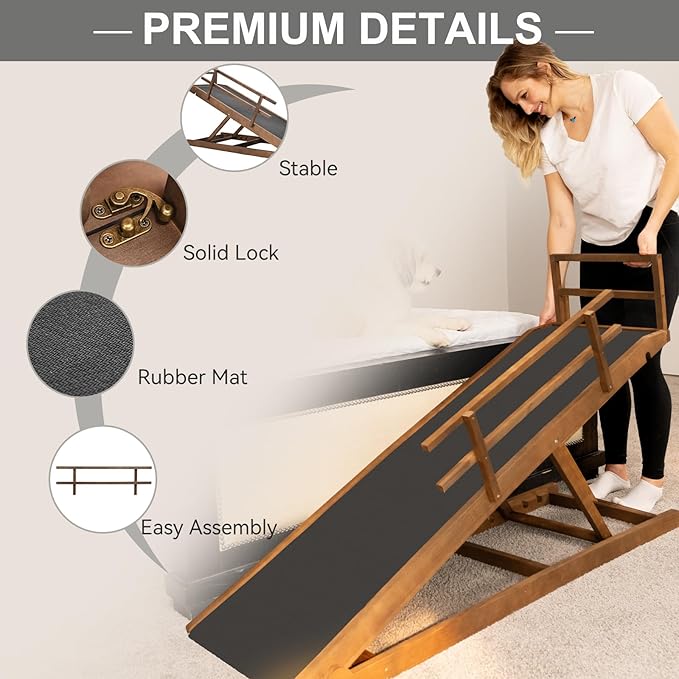ABORON Dog Ramp,Adjustable Folding Pet Ramp for Bed,Couch,SUV - High Traction Portable Rubber Paw Ramps,Great for Small & Large Old Dogs & Cats, Supports up to 200 lbs,63''Long-PurrikoPets
