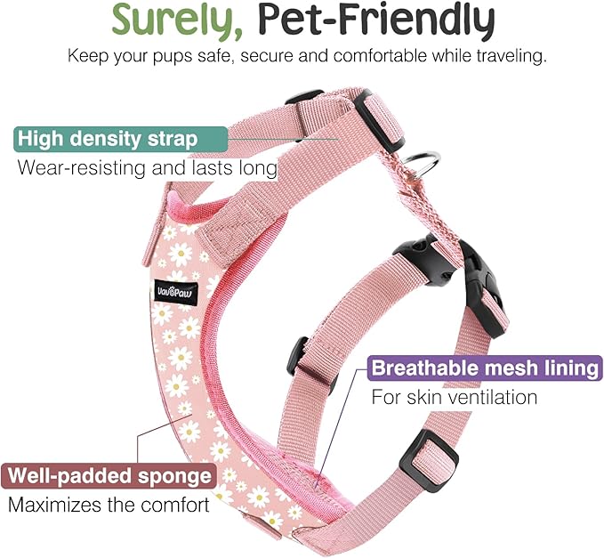 Dog Seat Belt, Safety Vest Dog Car Harness with Adjustable Buckle Dog Seat Belt for Vehicle Nylon Pet Safety Seat Belts Heavy Duty(L, Pink Daisy)-PurrikoPets