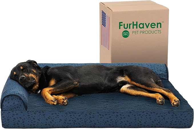 Furhaven Cooling Gel Dog Bed for Large Dogs w/ Removable Bolsters & Washable Cover, For Dogs Up to 95 lbs - Plush & Almond Print L Shaped Chaise - Blue Almonds, Jumbo/XL-PurrikoPets