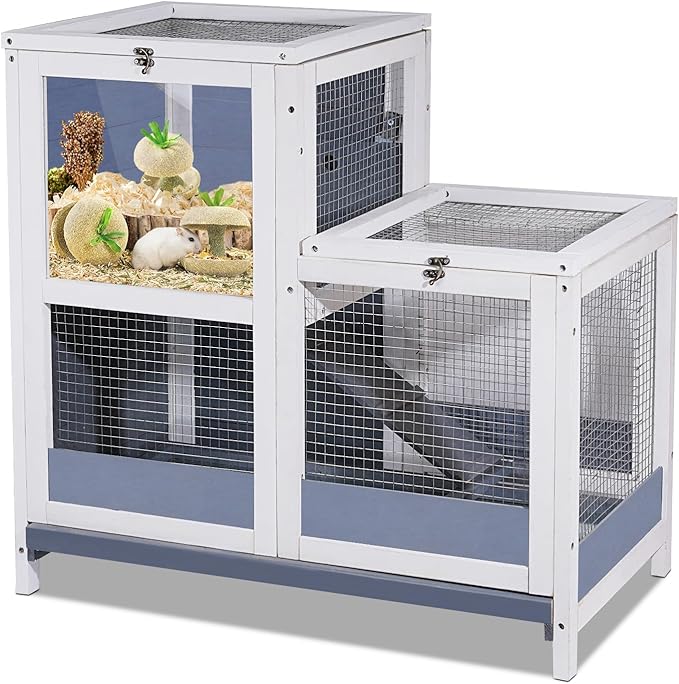 2-Story Guinea Pig Cages Wooden Indoor Rabbit Hutch Hamster Cage with Openable Roofs, Removable Tray and Wide Ramp, Small Animal Habitats for Hamsters, Guinea Pig, Ferrets, Hedgehog-PurrikoPets